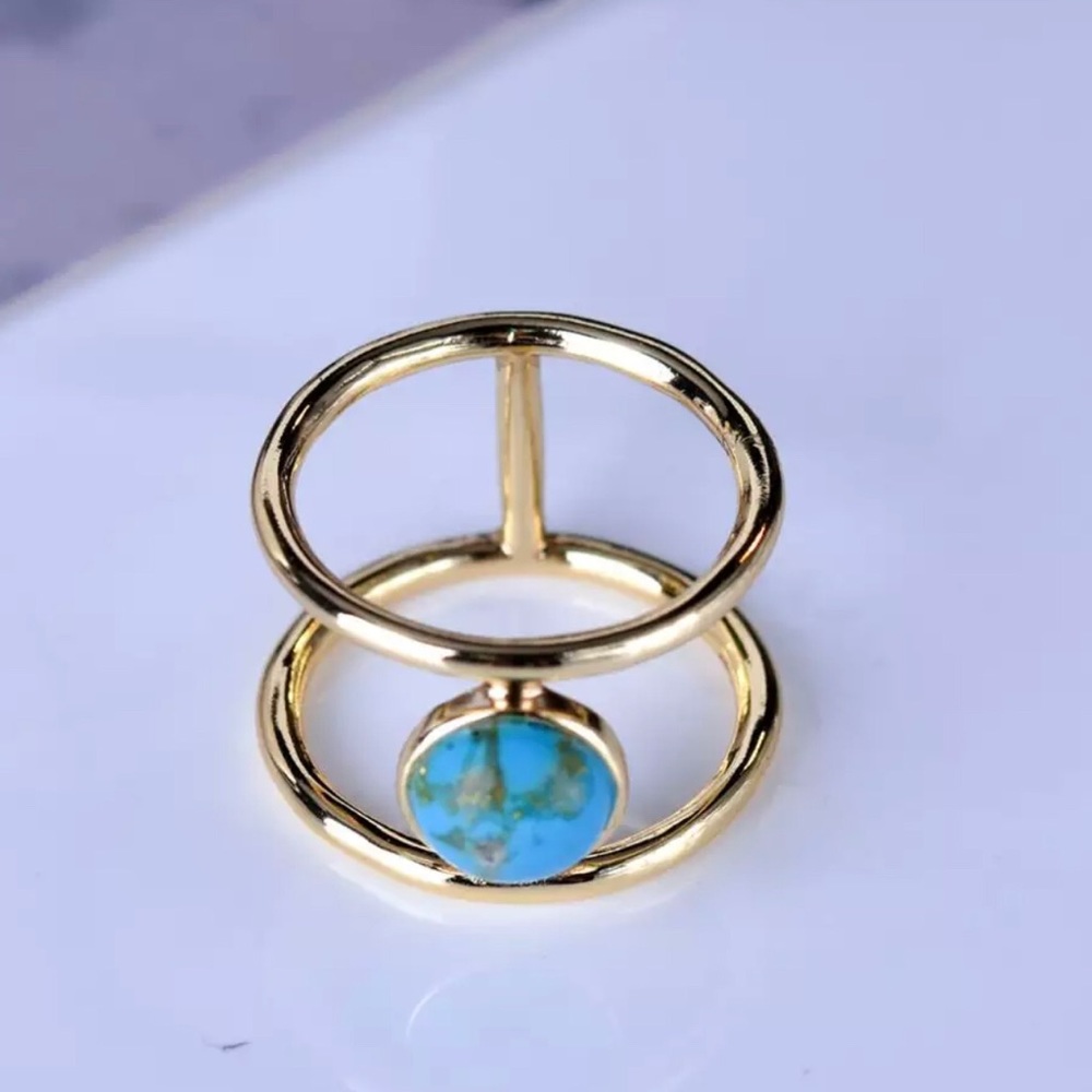 Vintage Gold Double Band Turquoise Ring - Picture 8 of 9